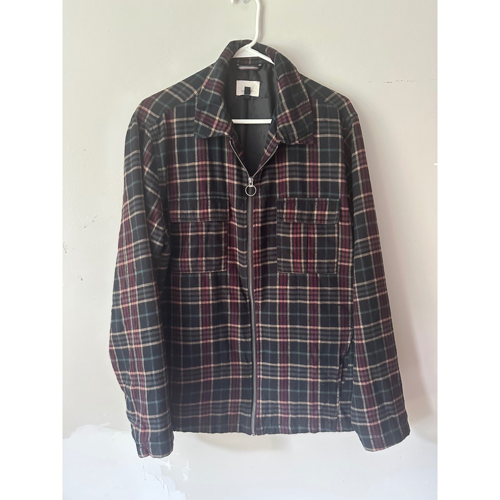 Civil Society Mens XL Plaid Zip Up Shirt Jacket Green Burgundy Cotton Lined